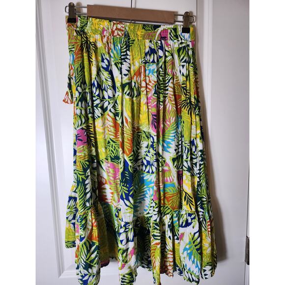 NICOLE MILLER Yellow Red Green Tropical Floral Vacation Faux Wrap Midi Skirt SZS - Picture 2 of 10